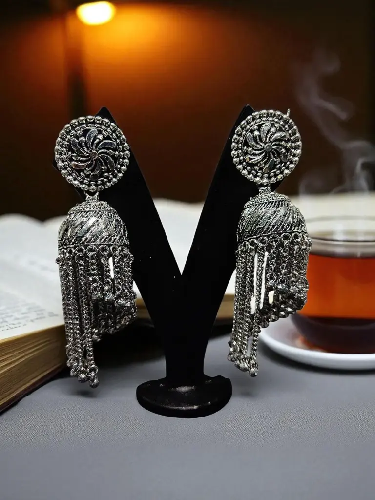 Oxidised Silver Long Chain Jhumka Earrings | RSP Collections