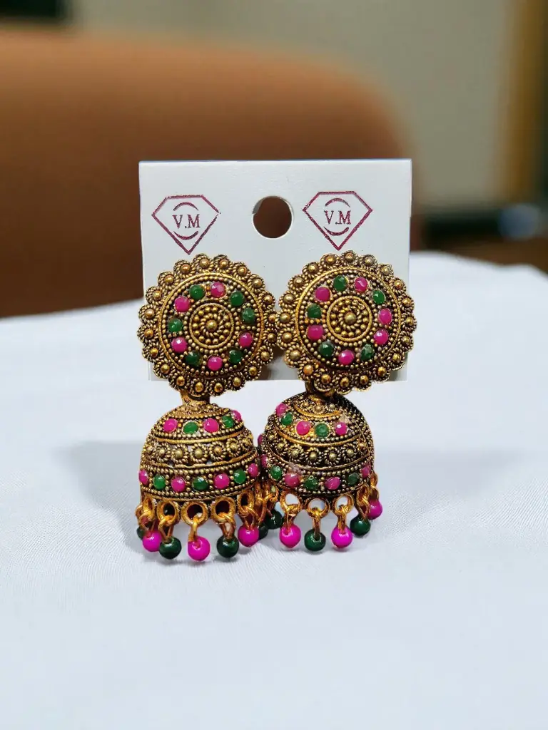 Antique Gold-Plated Pink & Green Stone Jhumka Earrings | RSP Collections