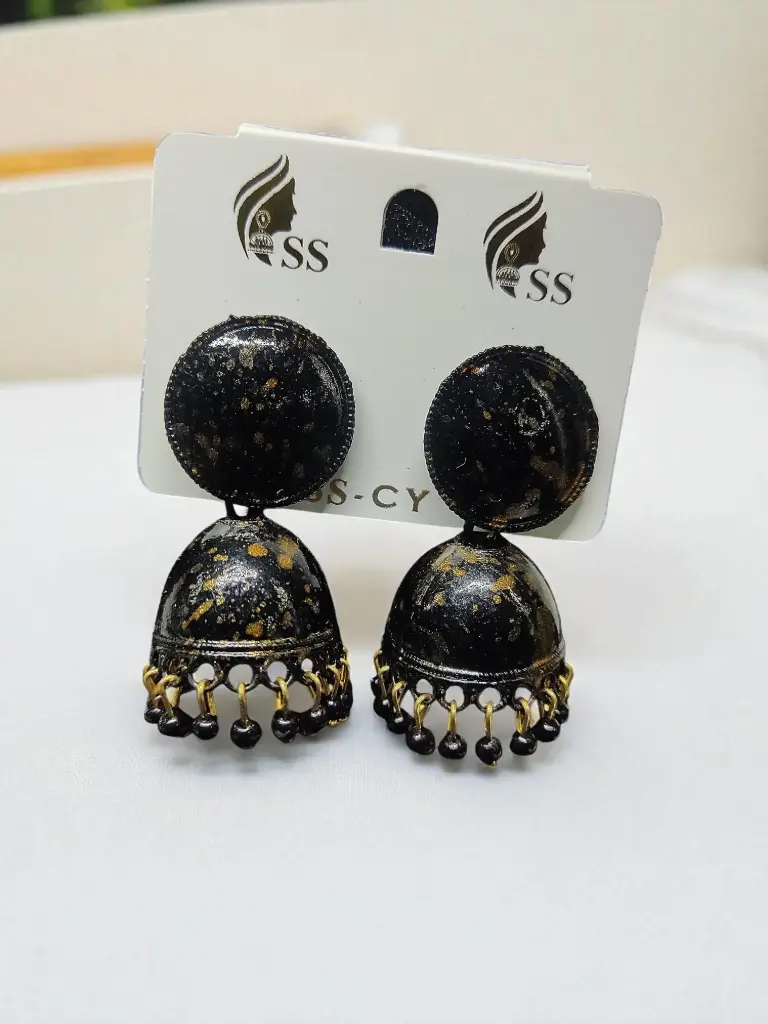 Black & Golden Speckled Dome Jhumka Earrings | RSP Collections