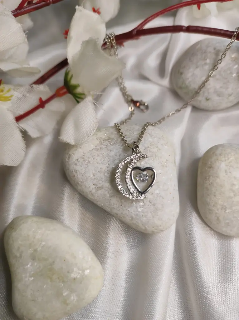 Moon & Heart Pendant Chain – Silver Finish