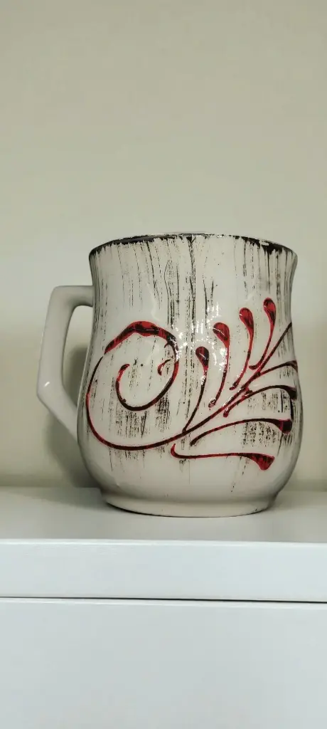 Rustic White Ceramic Mug with Red Artistic Pattern | RSP Collections