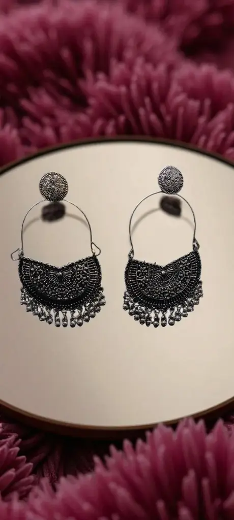 Oxidised Silver Hoop Jhumka Earrings with Tribal Design | RSP Collections