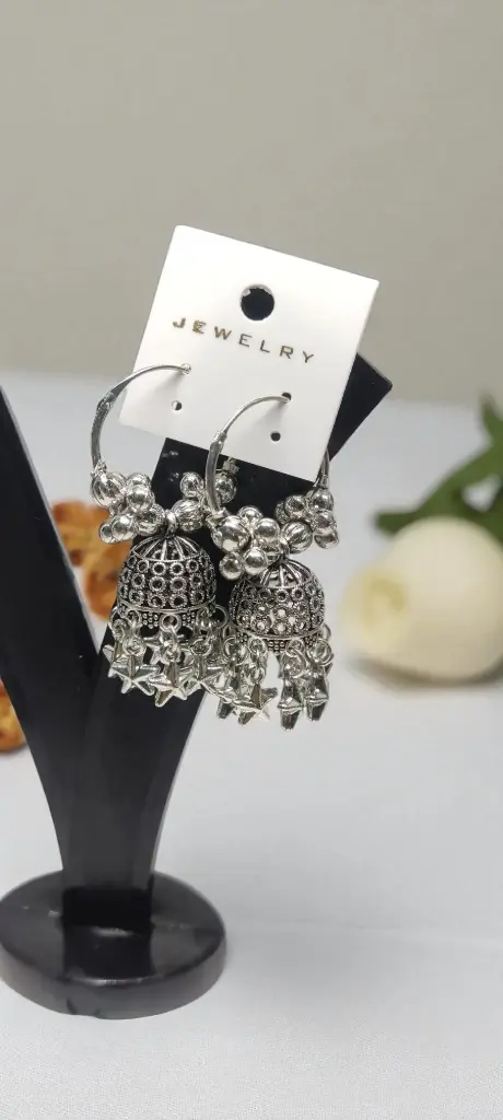 ✨ Silver Oxidized Hoop Jhumka Earrings with Star Charms | RSP Collections