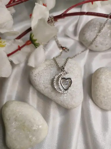 Moon & Heart Pendant Chain – Silver Finish